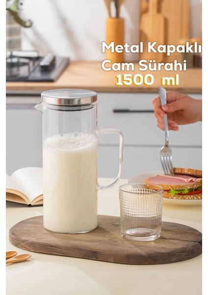 Elite Metal Kapaklı Borosilikat Cam Sürahi 1,5 Litre 1 Adet
