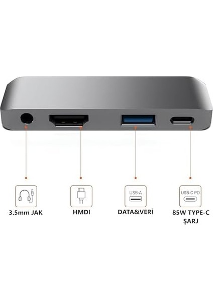 Type C Hub (4 Port), 85W Pd Type-C Port 4K 30HZ Veya 1080P 60HZ Hdmı, 1 Adet USB 3.0 Port Şarj ve Veri Transfer, 3.5mm Jak Kulaklık Ses Grişi, MacBook Pro/air/ipad/iphone Vb. Uyumlu