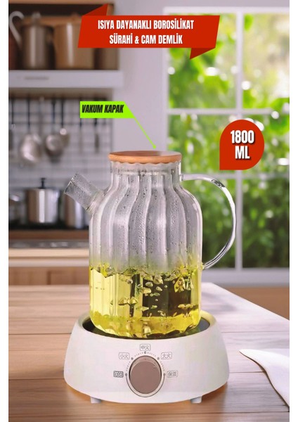 Elite Lemonade Vakumlu Bambu Kapaklı Isıya Dayanıklı Borosilikat Sürahi & Cam Demlik, Süzgeçli Demlik 1 Adet