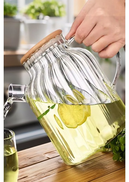 Elite Lemonade Vakumlu Bambu Kapaklı Isıya Dayanıklı Borosilikat Sürahi & Cam Demlik, Süzgeçli Demlik 1 Adet