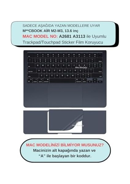 Macbook Air M2-M3 Kılıf 13.6 Inç Koruyucu Sticker Touchpad (Touchıd'li Air) A2681 A3113 ile Uyumlu Gece Mavisi