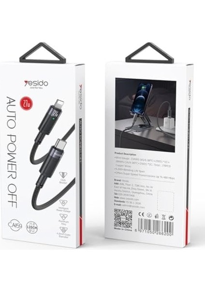 27W Type-C To Lightning Otomatik Şarj Kesme Özellikli Pd Hızlı Şarj Kablosu, 1.2 Metre