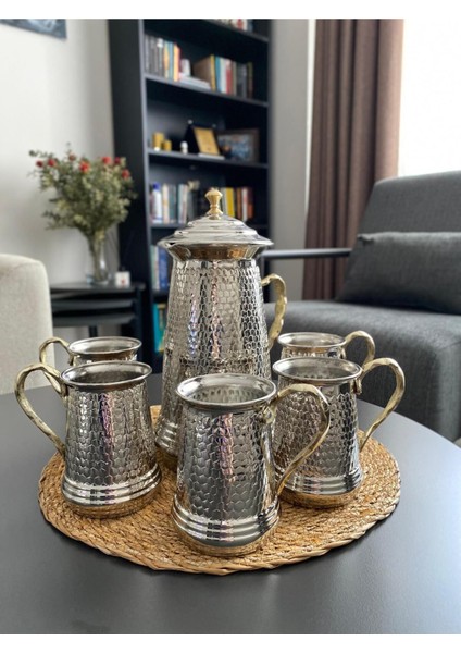 Elite Gümüş Renkli Bakır Petek Desenli Sürahi Takımı - 1 Sürahi + 6 Bardak 1 Adet