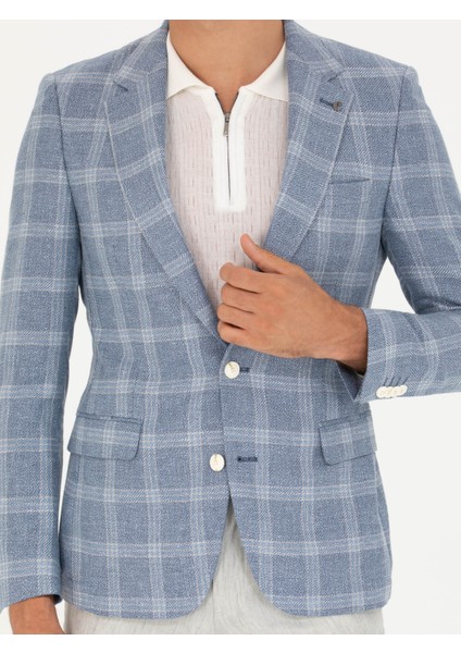 Erkek Mavi Slim Fit Keten Karışımlı Ceket 50264757-VR036