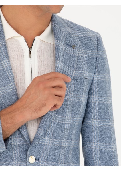 Erkek Mavi Slim Fit Keten Karışımlı Ceket 50264757-VR036