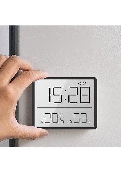 Siyah Mini Dijital Saat, Alarm, Nem ve Sıcaklık Ölçer, LCD Ekran