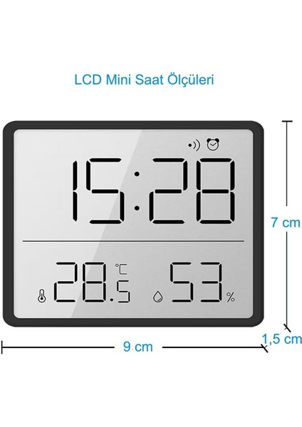 Siyah Mini Dijital Saat, Alarm, Nem ve Sıcaklık Ölçer, LCD Ekran fiyatları