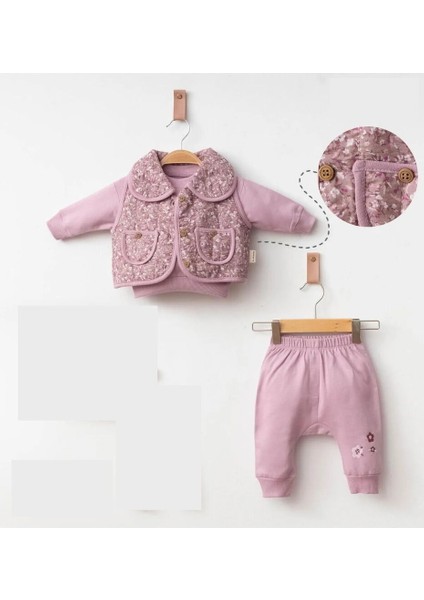 3016 Kız Bebek Çiçekli Yelekli 3'lü Takım