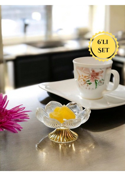 Elite Gold Renk Metal Ayaklı Lotus Çiçeği Kahve Yanı Cam Lokumluk Drajelik Takımı – 6 Adet 1 Adet