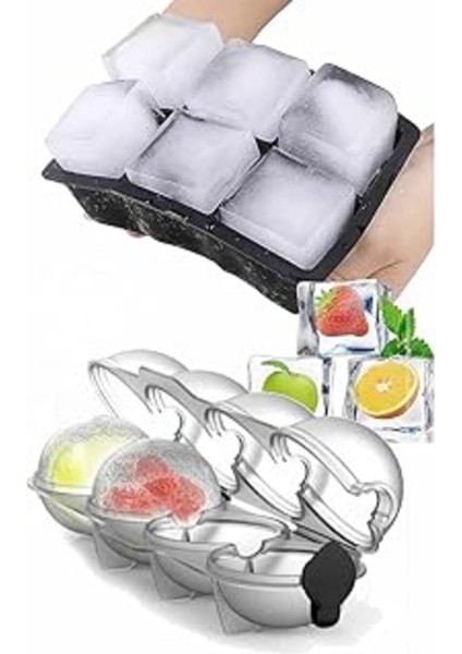 Elite Orret Home Silikon Buz Kalıpları (2 Li Set) Kapaklı Küre Buz Kalıbı ve Büyük Kare Buz Kalıbı & Bpa 1 Adet