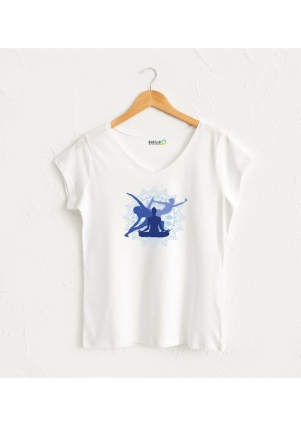 Mavi Yoga Görselli V Yaka Kadın Beyaz Tasarım T-Shirt