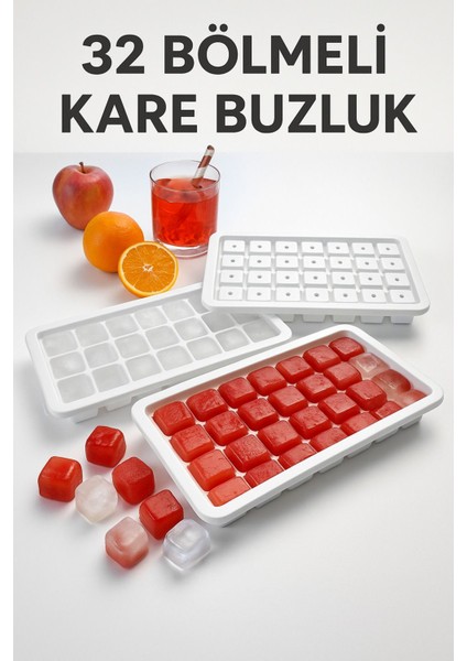 Elite 32'li Kare Buzluk Küp Buz Şık Içecek Buz Kalıbı Alt Üst Kapalı Kare Buz Kalıbı 1 Adet
