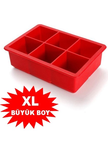 Elite Kırmızı Silikon 6'lı Kare Buz Kalıbı - 6 Bölmeli Buzluk 5cm Dev Buz Küpleri - Sunum Buz Küpü 1 Adet