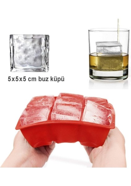 Elite Kırmızı Silikon 6'lı Kare Buz Kalıbı - 6 Bölmeli Buzluk 5cm Dev Buz Küpleri - Sunum Buz Küpü 1 Adet