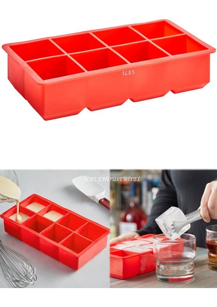 Elite Kapaksız Büyük Boy 8 Bölmeli Silikon Buz Kalıbı, Kırmızı 1 Adet
