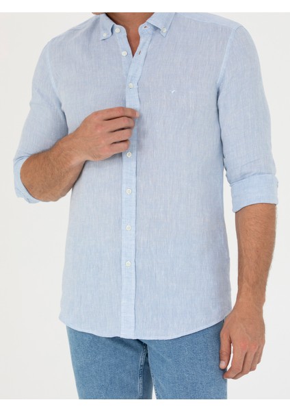 Erkek Açık Mavi Slim Fit %100 Keten Gömlek 50269214-VR003