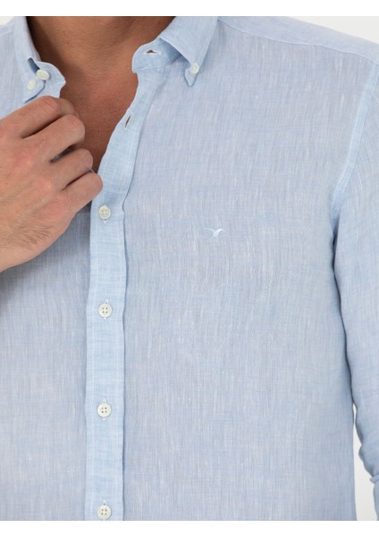 Erkek Açık Mavi Slim Fit %100 Keten Gömlek 50269214-VR003