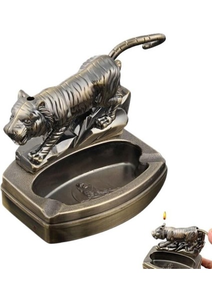 Kaplan Figürlü Metal Küllük ve Çakmak | Dekoratif Masaüstü Aksesuar