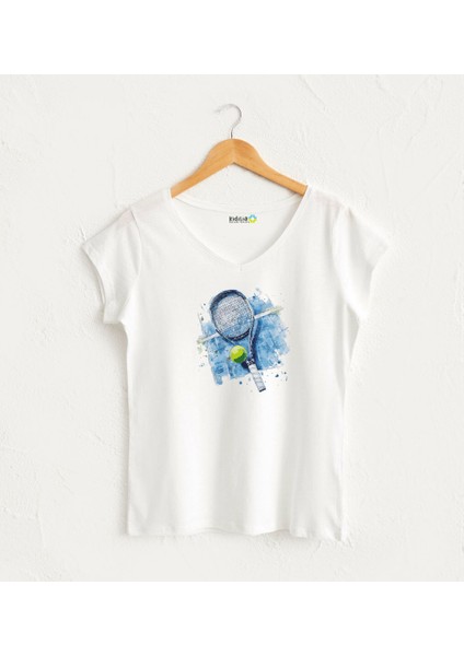 Tenis Görselli V Yaka Kadın Beyaz Tasarım T-Shirt