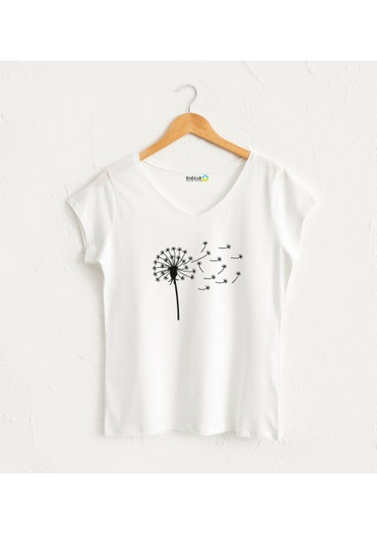 Karahindiba Çiçekli V Yaka Kadın Beyaz Tasarım T-Shirt
