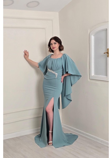 Mint Pelerinli Krep Elbise 5515