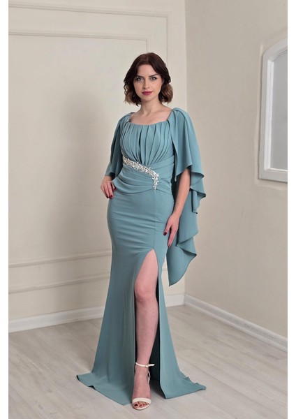 Mint Pelerinli Krep Elbise 5515