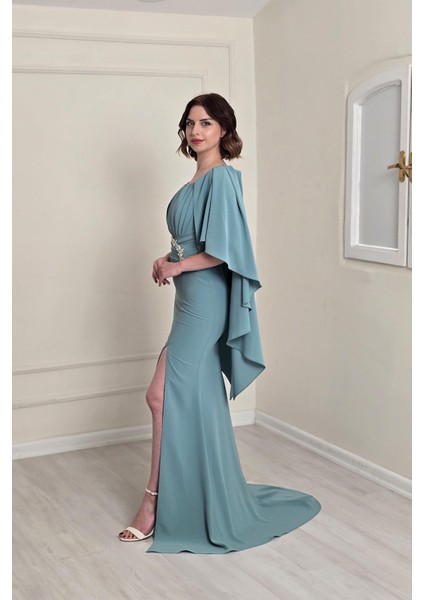 Mint Pelerinli Krep Elbise 5515