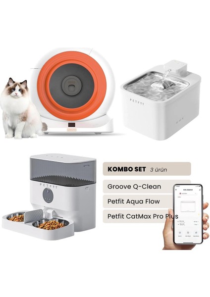 Groove Q-Clean Akıllı Otomatik Kedi Tuvaleti Turuncu - Petfit Aqua Flow Akıllı Bataryalı Su Pınarı Çeşmesi + Petfit Catmax Pro Plus Akıllı Otomatik Mama Kabı Bundle