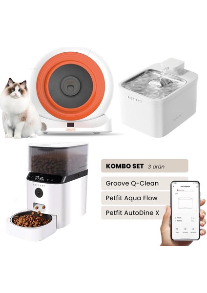 Groove Q-Clean Akıllı Otomatik Kedi Tuvaleti Turuncu - Petfit Aqua Flow Akıllı Bataryalı Su Pınarı Çeşmesi + Petfit Autodine x Akıllı Otomatik Mama Kabı Bundle