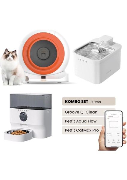 Groove Q-Clean Akıllı Otomatik Kedi Tuvaleti Turuncu - Petfit Aqua Flow Akıllı Bataryalı Su Pınarı Çeşmesi + Petfit Catmax Pro Akıllı Otomatik Mama Kabı Bundle
