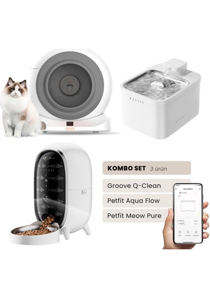 Groove Q-Clean Akıllı Otomatik Kedi Tuvaleti Gri - Petfit Aqua Flow Akıllı Bataryalı Su Pınarı Çeşmesi + Petfit Meow Pure Akıllı Otomatik Mama Kabı Bundle