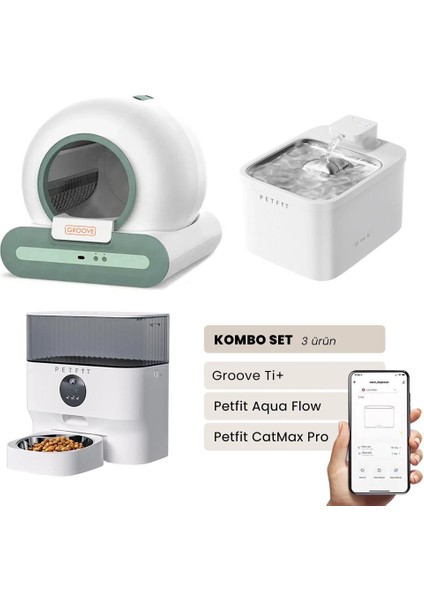 Groove Ti+ Akıllı Otomatik Kedi Tuvaleti Yeşil - Petfit Aqua Flow Akıllı Bataryalı Su Pınarı Çeşmesi + Petfit Catmax Pro Akıllı Otomatik Mama Kabı Bundle