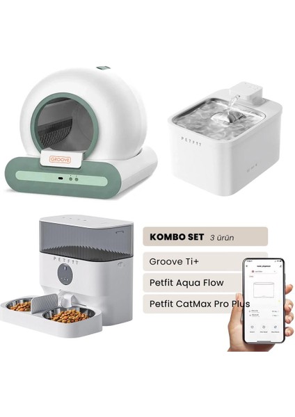 Groove Ti+ Akıllı Otomatik Kedi Tuvaleti Yeşil - Petfit Aqua Flow Akıllı Bataryalı Su Pınarı Çeşmesi + Petfit Catmax Pro Plus Akıllı Otomatik Mama Kabı Bundle