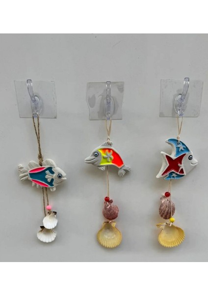 Duvar Süsü Balkon Süsü Dekoratif 3'lü Deniz Kabuklu Balık Sarkaç Sahil Temalı