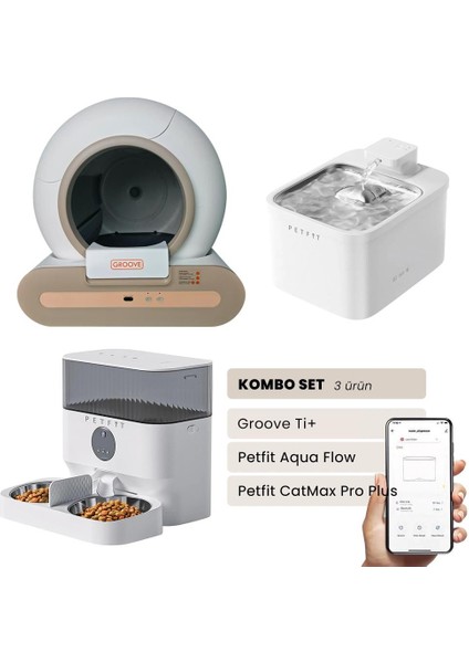 Groove Ti+ Akıllı Otomatik Kedi Tuvaleti Kahverengi - Petfit Aqua Flow Akıllı Bataryalı Su Pınarı Çeşmesi + Petfit Catmax Pro Plus Akıllı Otomatik Mama Kabı Bundle