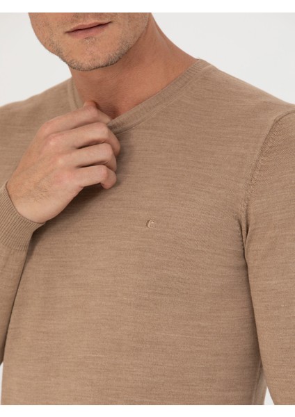 Erkek Camel Slim Fit Bisiklet Yaka Triko Kazak 50270174-VR015