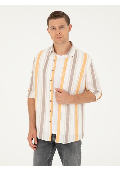 Erkek Turuncu Slim Fit %100 Keten Gömlek 50265480-VR051
