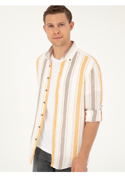 Erkek Turuncu Slim Fit %100 Keten Gömlek 50265480-VR051 modelleri