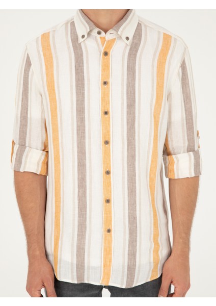 Erkek Turuncu Slim Fit %100 Keten Gömlek 50265480-VR051