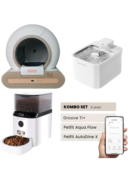 Groove Ti+ Akıllı Otomatik Kedi Tuvaleti Kahverengi - Petfit Aqua Flow Akıllı Bataryalı Su Pınarı Çeşmesi + Petfit Autodine x Akıllı Otomatik Mama Kabı Bundle