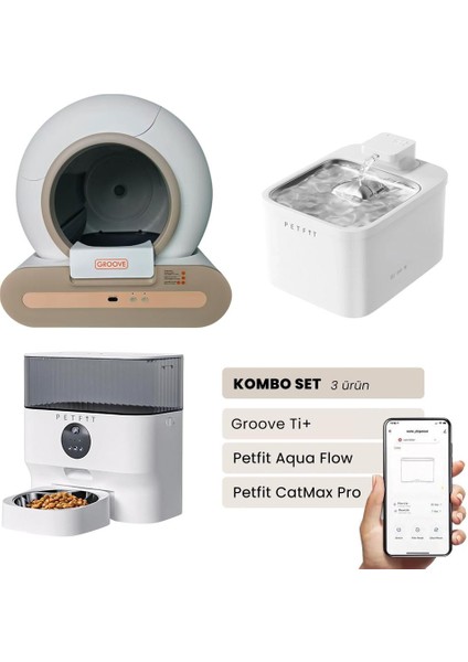 Groove Ti+ Akıllı Otomatik Kedi Tuvaleti Kahverengi - Petfit Aqua Flow Akıllı Bataryalı Su Pınarı Çeşmesi + Petfit Catmax Pro Akıllı Otomatik Mama Kabı Bundle