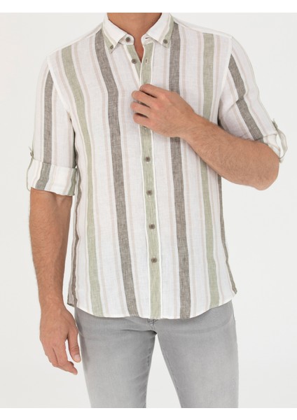 Erkek Haki Slim Fit %100 Keten Gömlek 50265480-VR027