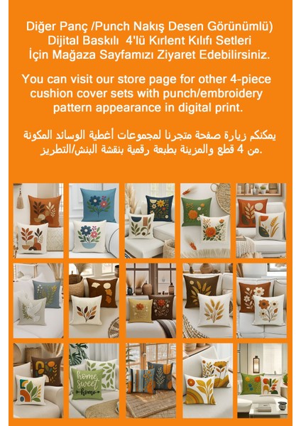 Çift Tarafı Dijital Baskılı 4'lü Kırlent Kılıfı Seti (Panç /punch Nakış Desen Görünümlü)