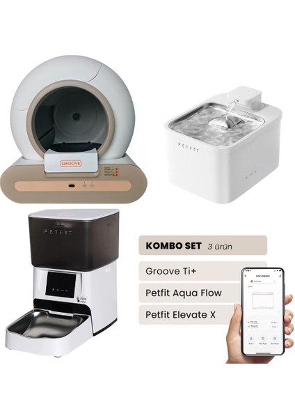Groove Ti+ Akıllı Otomatik Kedi Tuvaleti Kahverengi - Petfit Aqua Flow Akıllı Bataryalı Su Pınarı Çeşmesi + Petfit Elevate x Akıllı Otomatik Mama Kabı Bundle