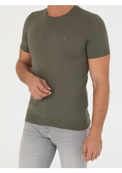 Erkek Haki Slim Fit Bisiklet Yaka Triko T-Shirt 50267842-VR027