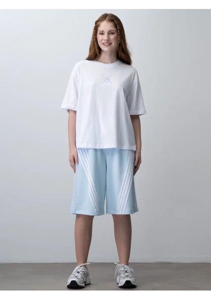 Kız Çocuk Şeritli Oversize Tasarım Şortlu Takım