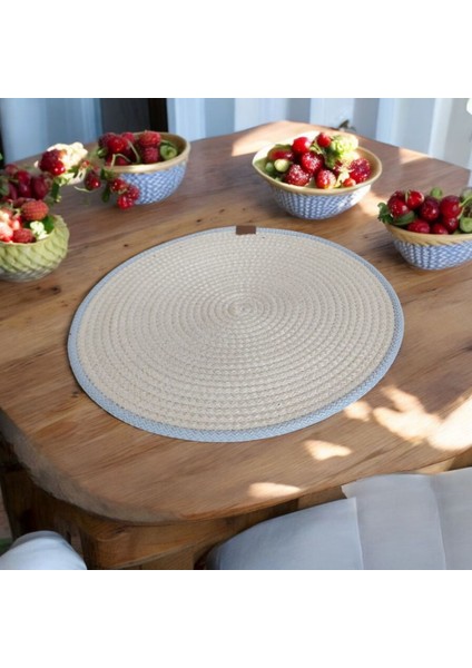 Mavi Şeritli Beyaz Jüt Supla – 32X32 cm Hasır Kordon Tabak Altlığı
