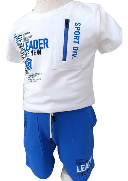 Erkek Çocuk Leader Saks Mavi Şortlu Baskılı Beyaz T-Shirt İkili Takım %100 Pamuk
