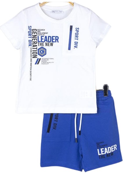 Erkek Çocuk Leader Saks Mavi Şortlu Baskılı Beyaz T-Shirt İkili Takım %100 Pamuk fiyatları