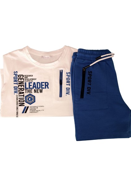Erkek Çocuk Leader Saks Mavi Şortlu Baskılı Beyaz T-Shirt İkili Takım %100 Pamuk indirimleri